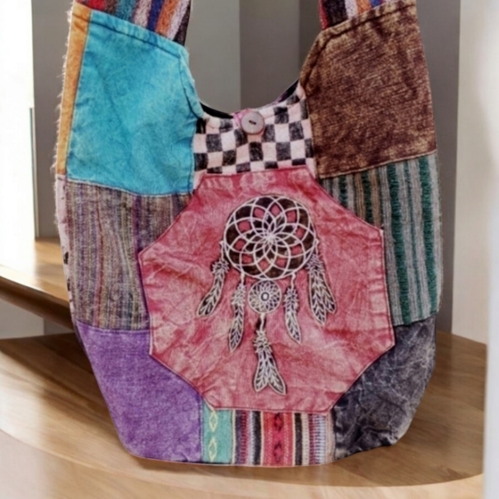 VINTAGE HANDMADE NEPAL Dream Catcher Patchwork Crossbody Bag Purse Shoulder Tote - Picture 7 of 11